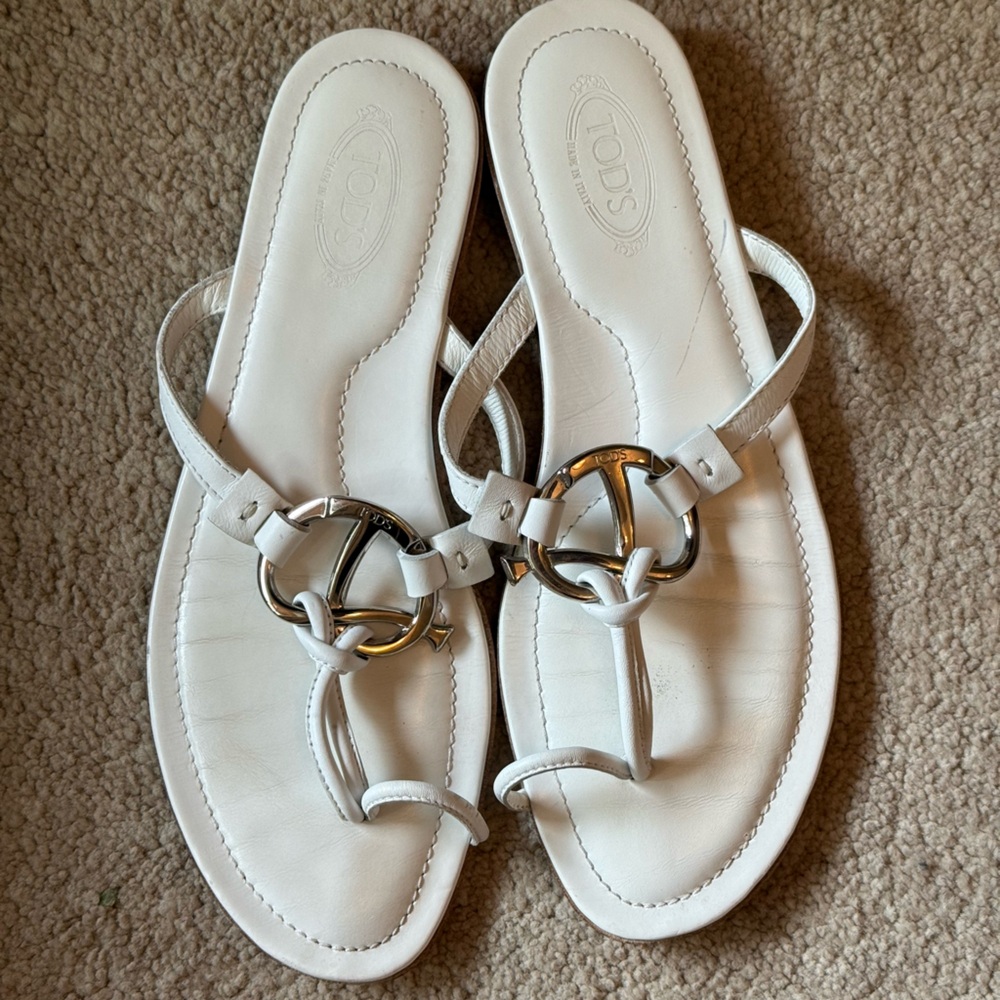 Tod's White Leather Sandals silver hardware accent 7 37